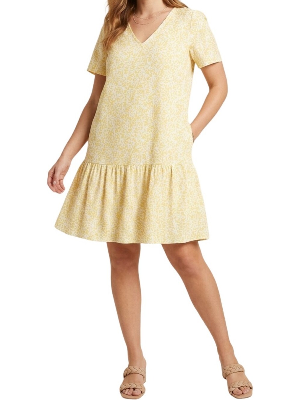 A NEW DAY Yellow Floral Drop Waist Mini Dress S V-Neck Short Sleeve EUC